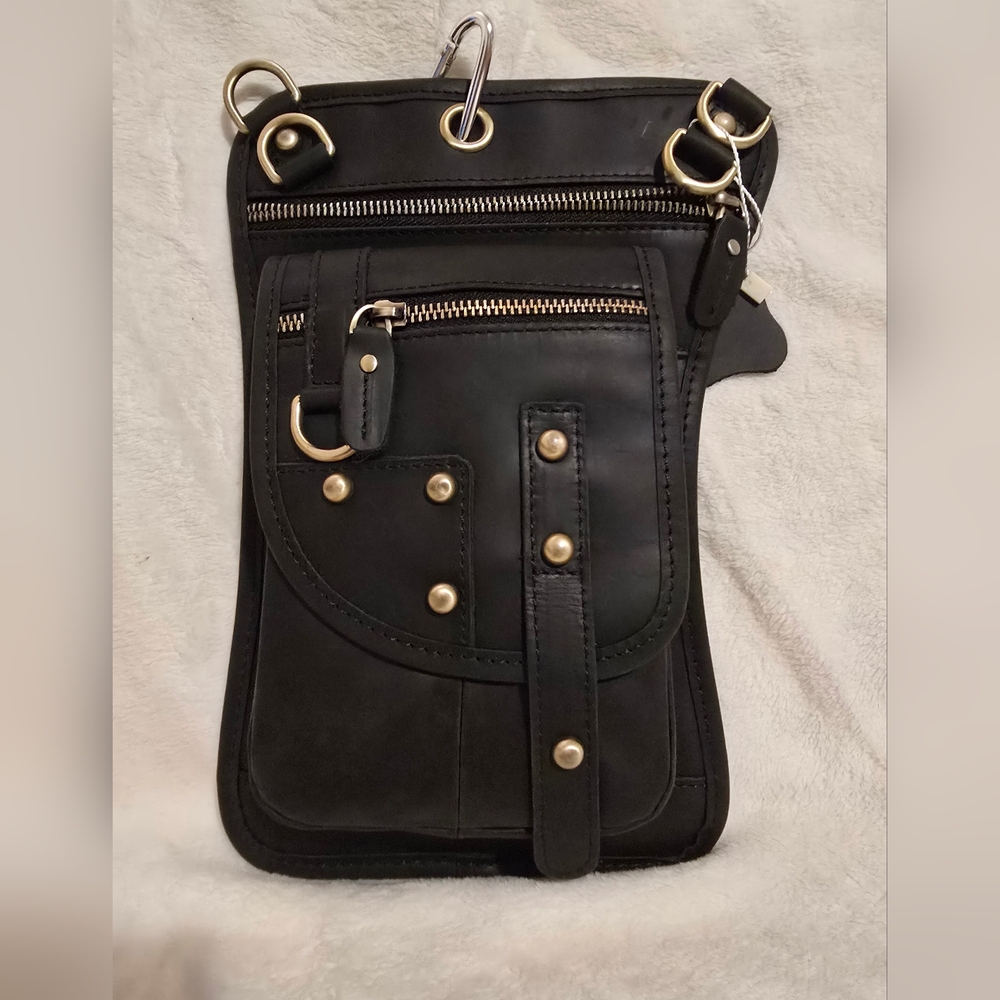 Mens Black Leather Waist Thigh Bag pouch NWOT